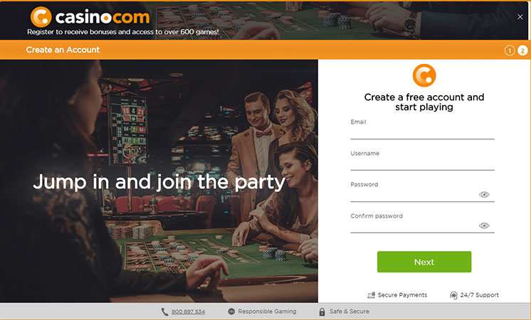 Регистрация в казино Casino.com 